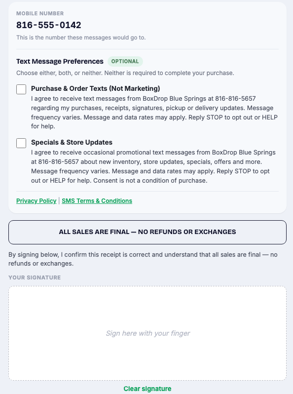 Screenshot of the BoxDrop Blue Springs signing screen showing a Mobile Number field, a Text Message Preferences section marked Optional with two unchecked consent checkboxes for Purchase & Order Texts and Specials & Store Updates, Privacy Policy and SMS Terms links, and the signature area below.